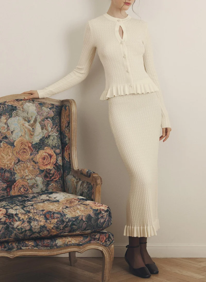 Lichi  Straight textured-knit midi skirt with ruffles for Women | Best Price UAE